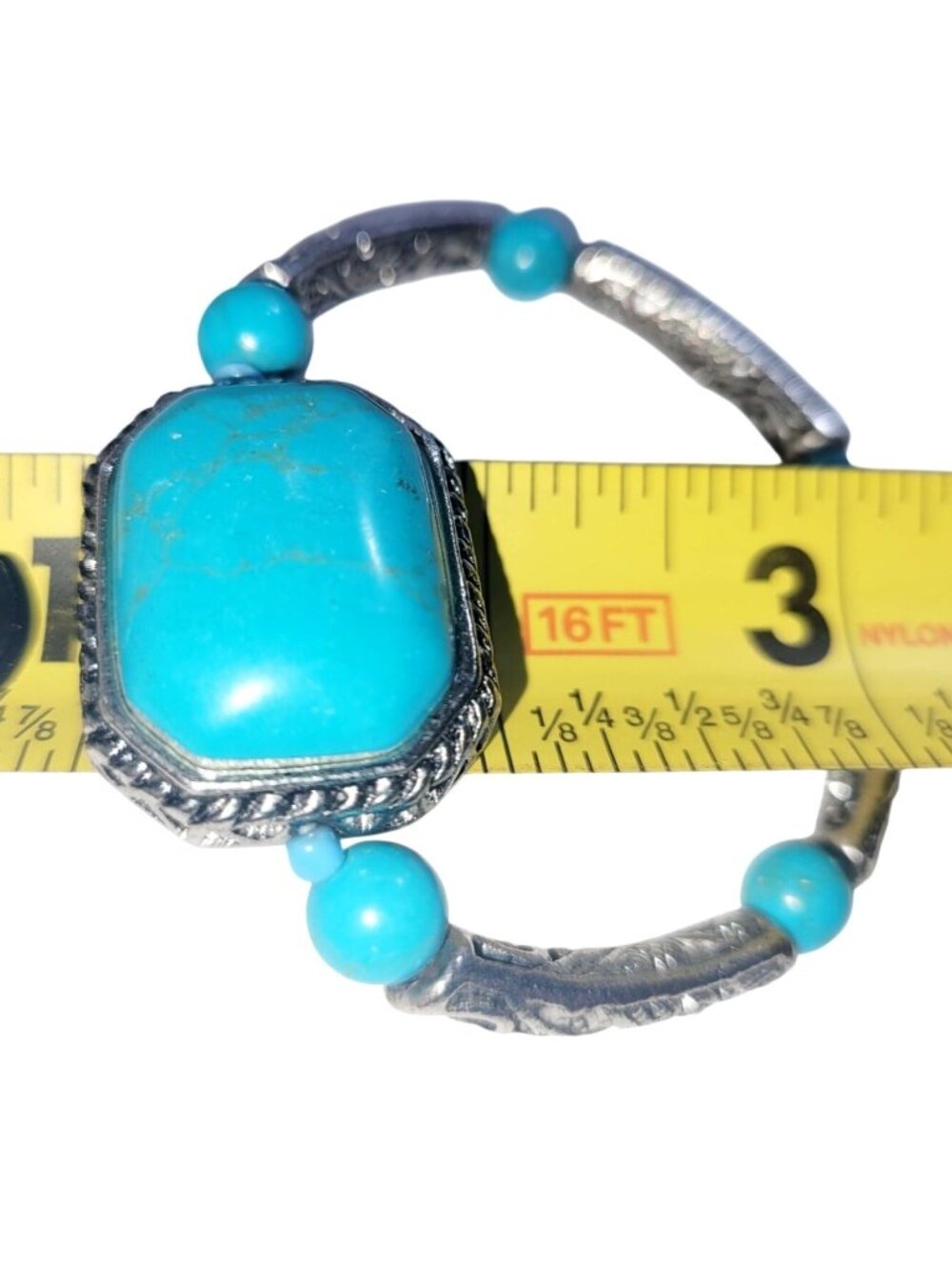 Vintage Turquoise Stone and Chips Silver Tone Fillagree Bracelet - Picture 9 of 9